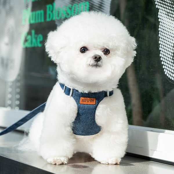 Denim Dog Harness  Leash Set, No Pull Adjustable Step-in Puppy Pet Vest