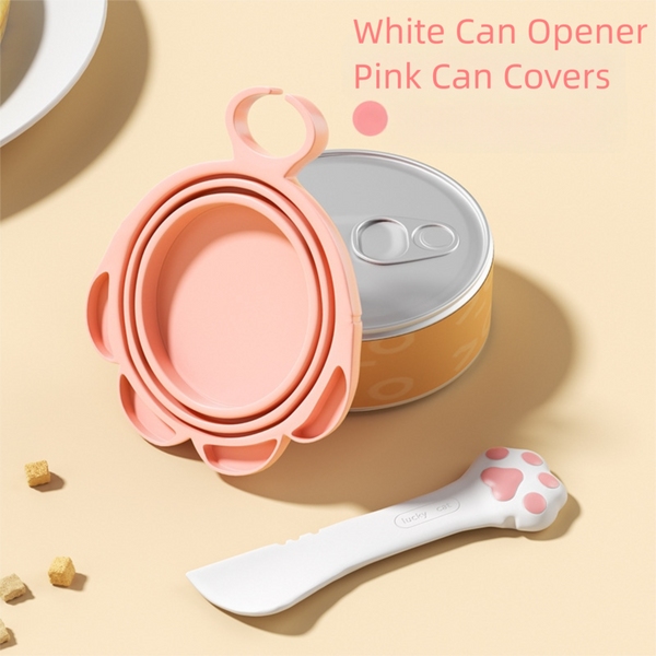 Dog Cat Food Lids & Spoons, Can Opener with Cover - White